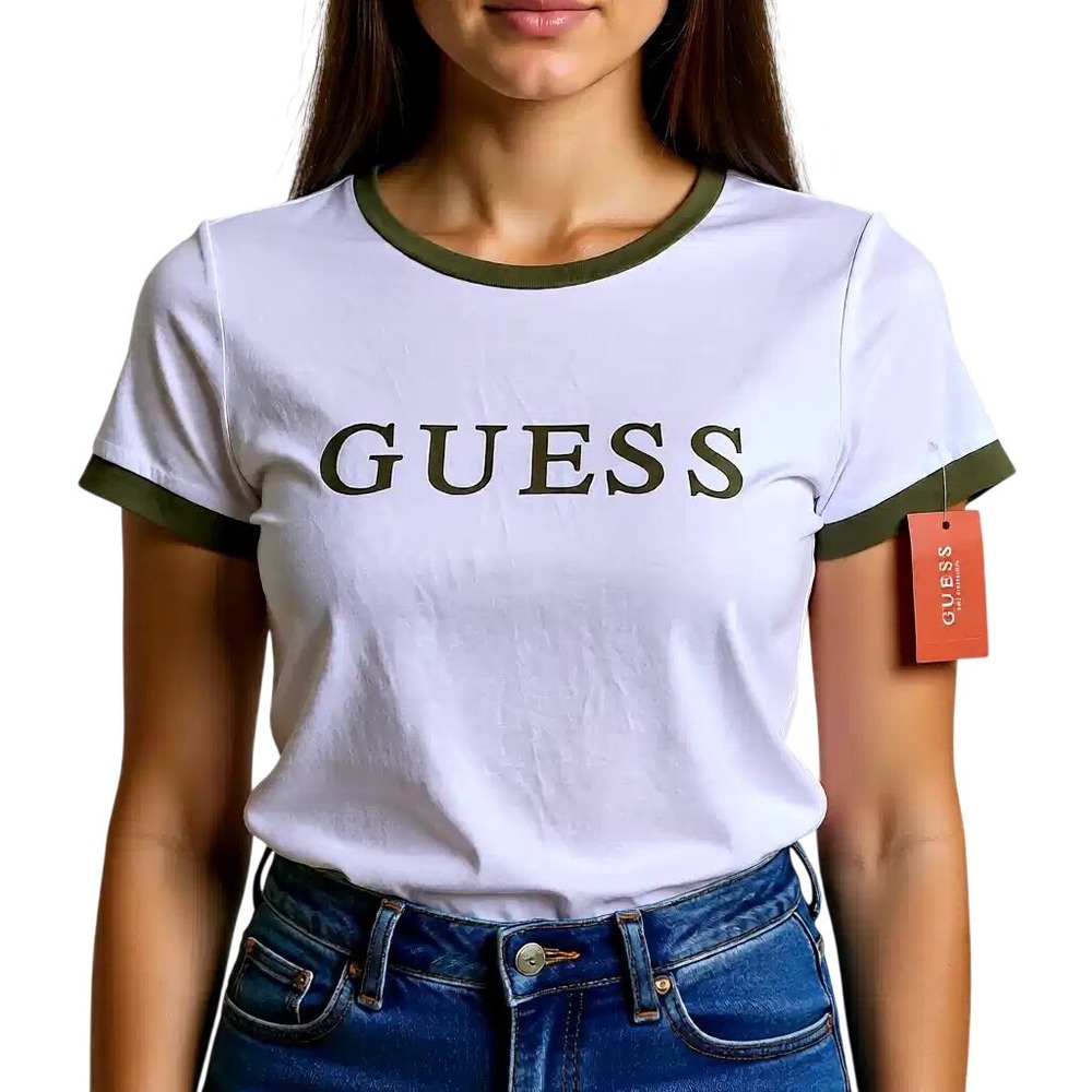 Guess‎ Los Angeles Womens Ringer Tee White Olive Green Logo T-Shirt Size M NWT